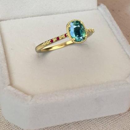Geen Sapphire Gemstones Ring And Ruby, Minimalist..
