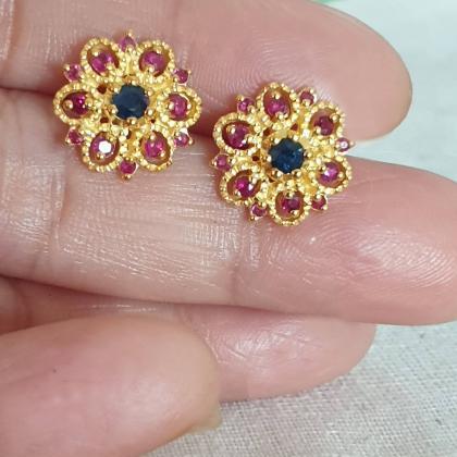 Blue Sapphire And Ruby Earring, 925 Silver With..