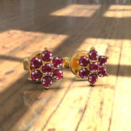Flower Natural Ruby Earring, 925 Silver With 18k..