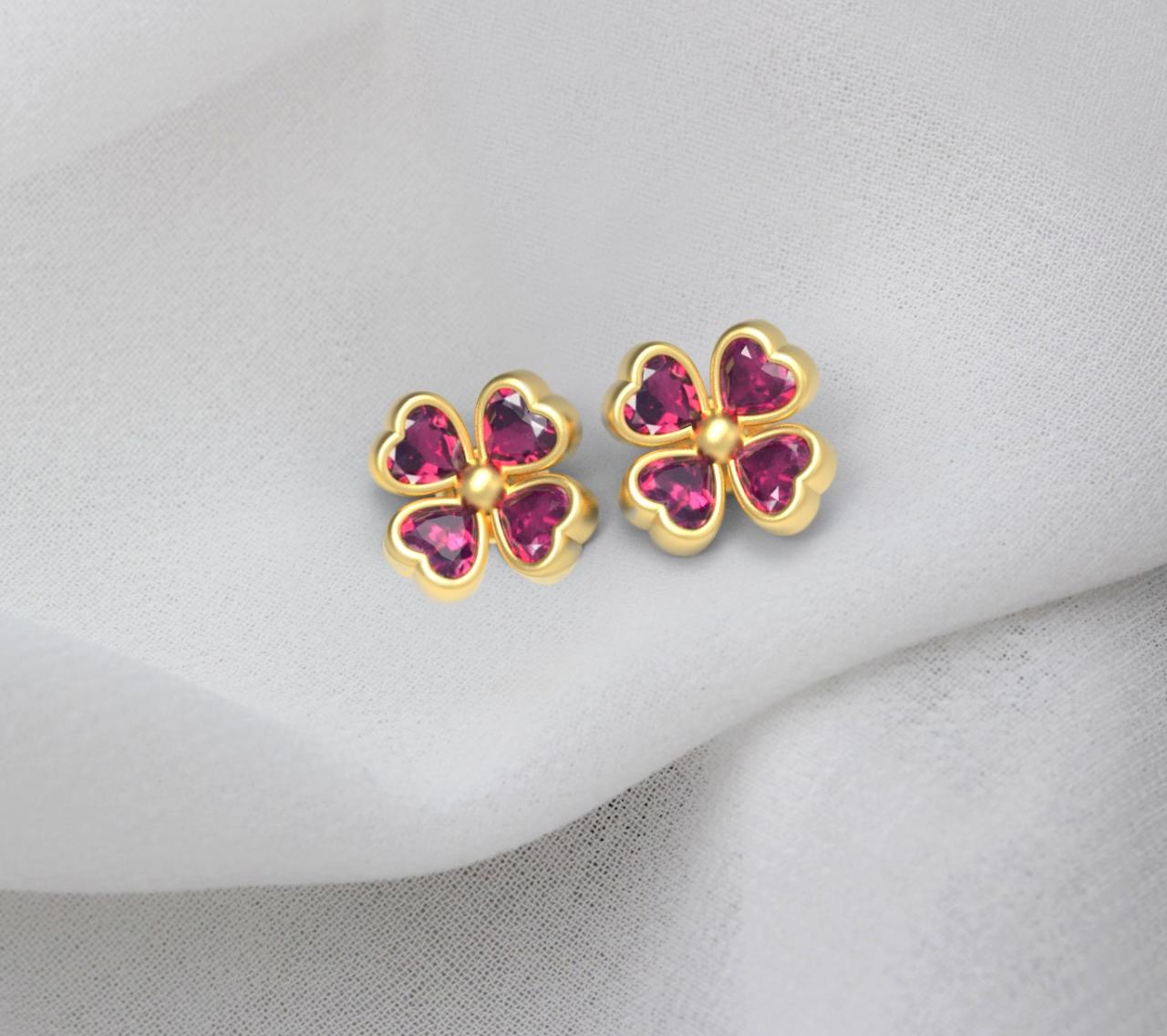 Four Cover Leaf Pink Purple Rhodolite Garnet, Heart Shape, 925 Silver Earring.