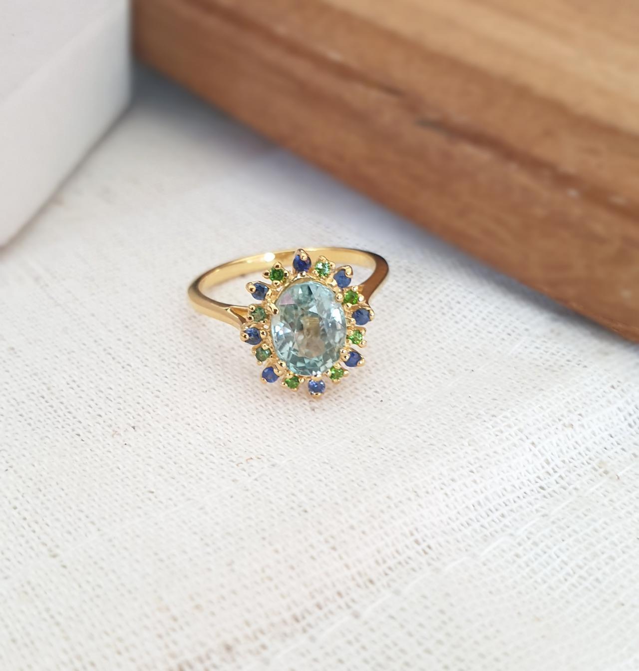 Blue Aquamarine Gemstone With Fancy Color Gemstones, Silver Solitaire Ring For Her, Pastel Color Gemstones For Anniversary Day, Wedding Ring