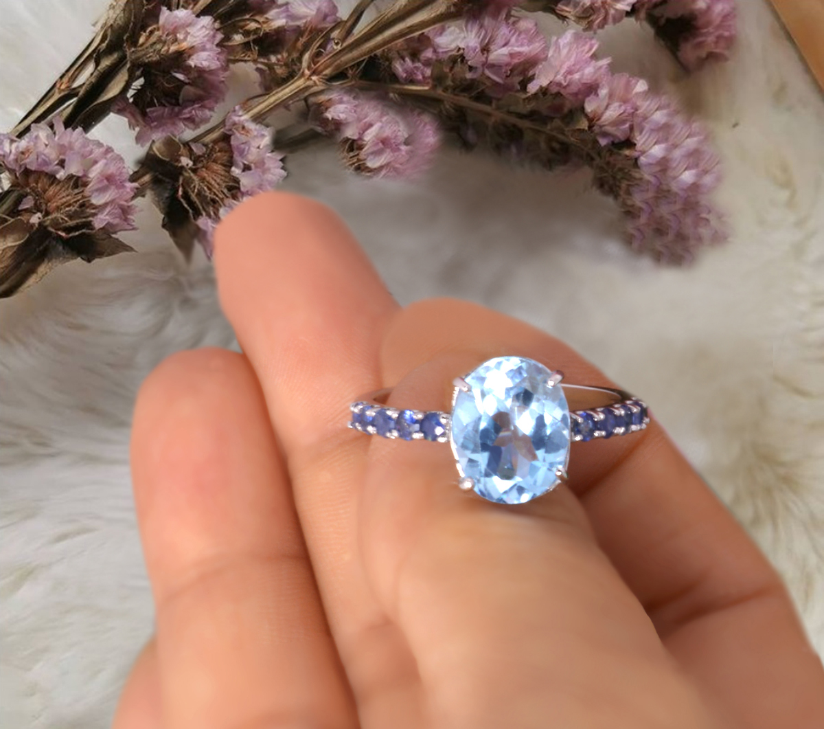 Sky Blue Topaz Ring With Blue Sapphire Gemstones ,natural Gemstones, 925 Sterling Silver Jewelry For Her December Birthday, Jewelry Thailand