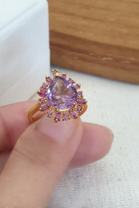 Purple Amethyst Gemstone with Fancy color gemstones, Silver Solitaire ring for her, Pastel color gemstones for anniversary day, wedding ring