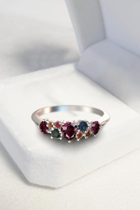 Siam Ruby With Fancy Sapphire Gemstones Ring, 925 Silver Ring,anniversary Gift.