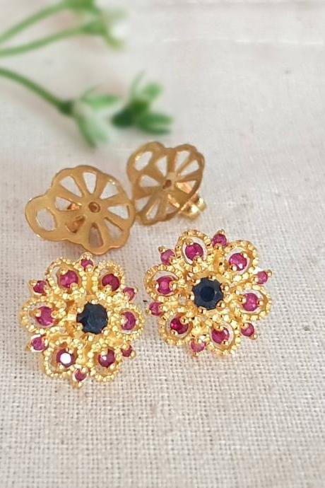 Blue Sapphire And Ruby Earring, 925 Silver With 18k Gold Plating, Vintage Designed Gift For Her, Anniversary Gift, July Birthstones, Ruby Studs,