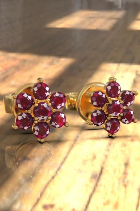 Flower Natural Ruby Earring, 925 Silver With 18k Plating , Genuine Ruby Flower Stud Earrings, Stud Earrings, Dainty Studs, July Birthstone, Gift