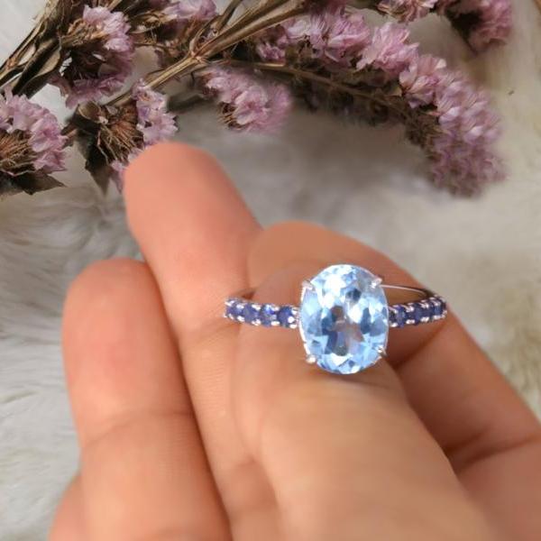 Sky Blue Topaz Ring with Blue Sapphire gemstones ,Natural gemstones, 925 Sterling Silver jewelry for her December Birthday, jewelry Thailand